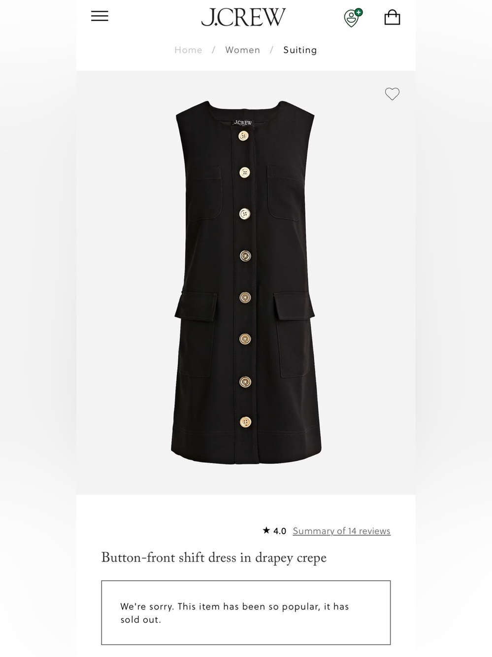 J. Crew Black Sleeveless Button-Front Shift Dress with Gold Buttons NWOT. Size X